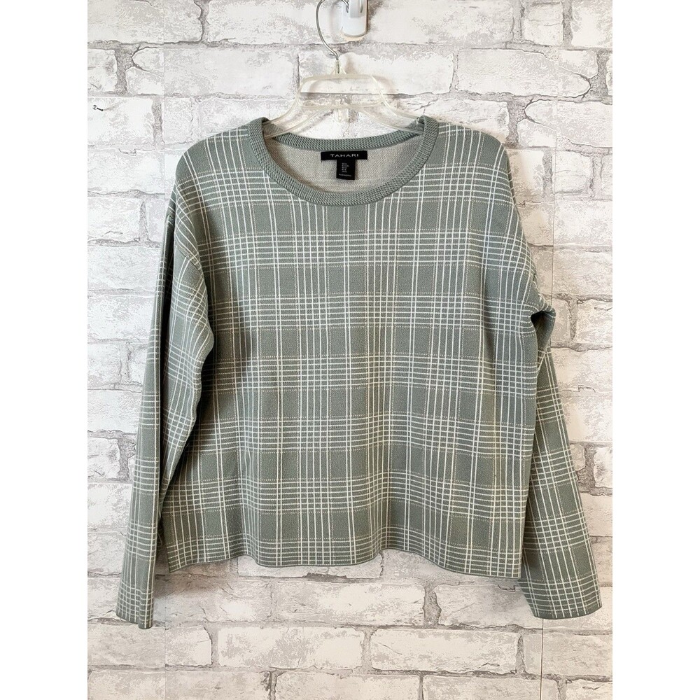 Tahari Pullover Sweater Women’s Size Large Long Sleeve Sage Green Plaid